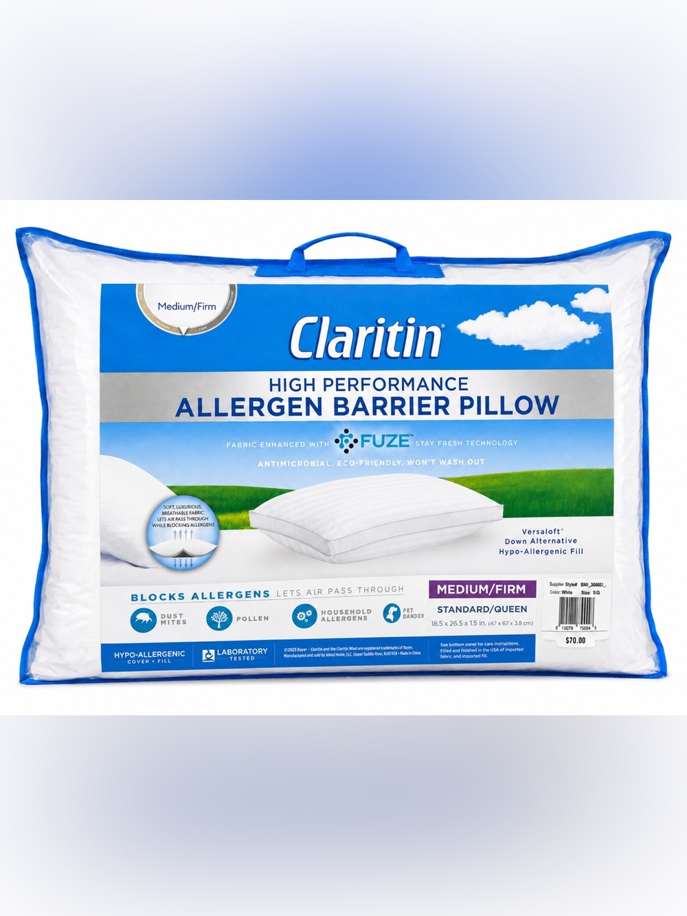 High Performing Claritin Allergen Barrier Medium/Firm Standard Queen Pillow NEW